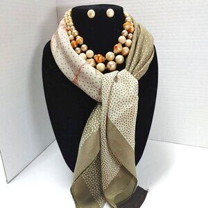 Silk Floral Scarf & Faux Pearl Earrings & Doble Strand Necklace Ladies Gift set